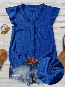 Linhara Plus Size Women's Solid Color Textured V-Neck Ruffle Trim Petal Sleeve Fitted Casual Regular Blouse - Royal Blue - View 1