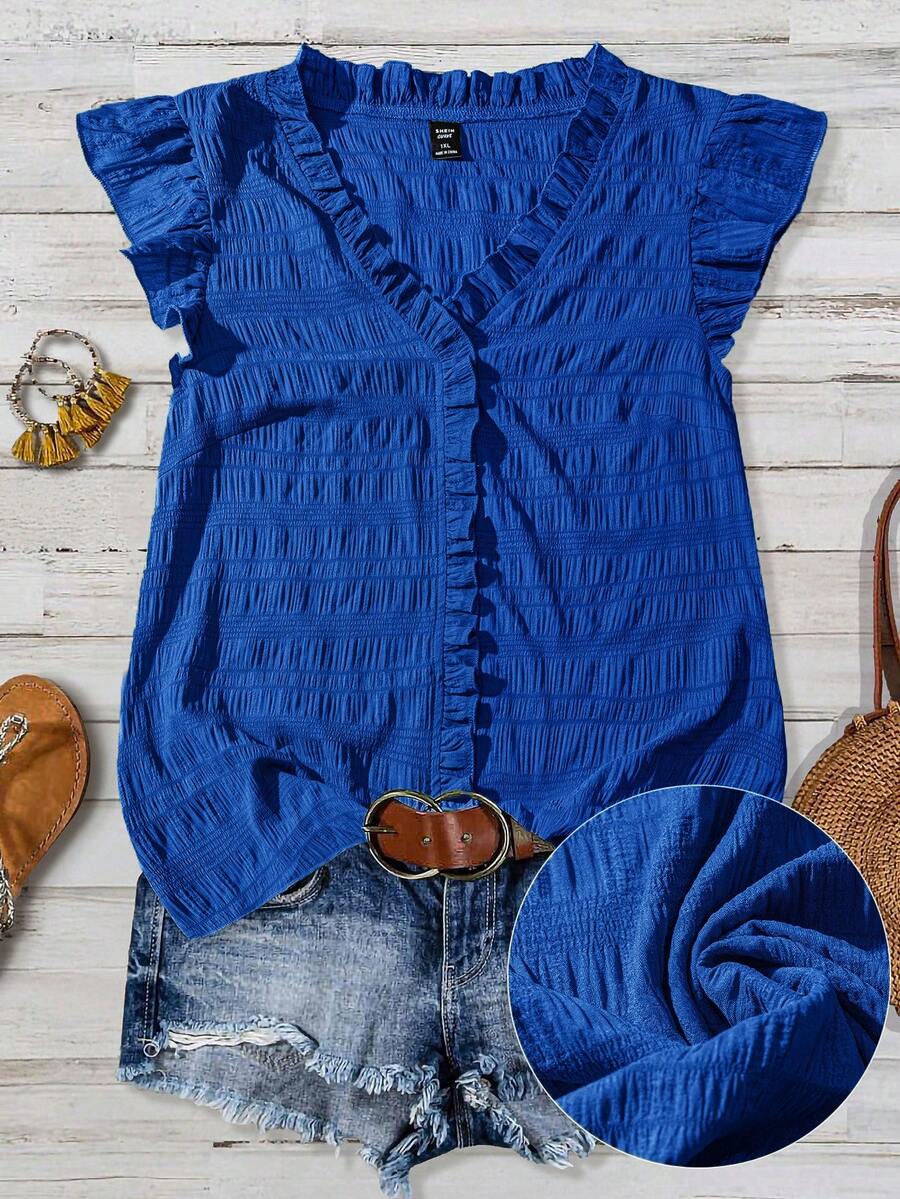 Linhara Plus Size Women's Solid Color Textured V-Neck Ruffle Trim Petal Sleeve Fitted Casual Regular Blouse - Royal Blue - View 1