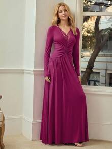 MOTF PREMIUM DEEP V-NECK LACE PATCHWORK CINCHED WAIST COMFORTABLE LONG SLEEVE DRESS FOR WOMEN, SPRING/SUMMER - Hot Pink - View 1