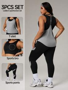 Rhythm Era Plus Size Women 3pcs Set: Solid Color Round Neck Tank Top + Letter Print Tank Top + Colorblock Leggings Sports Suit - Multicolor - View 1