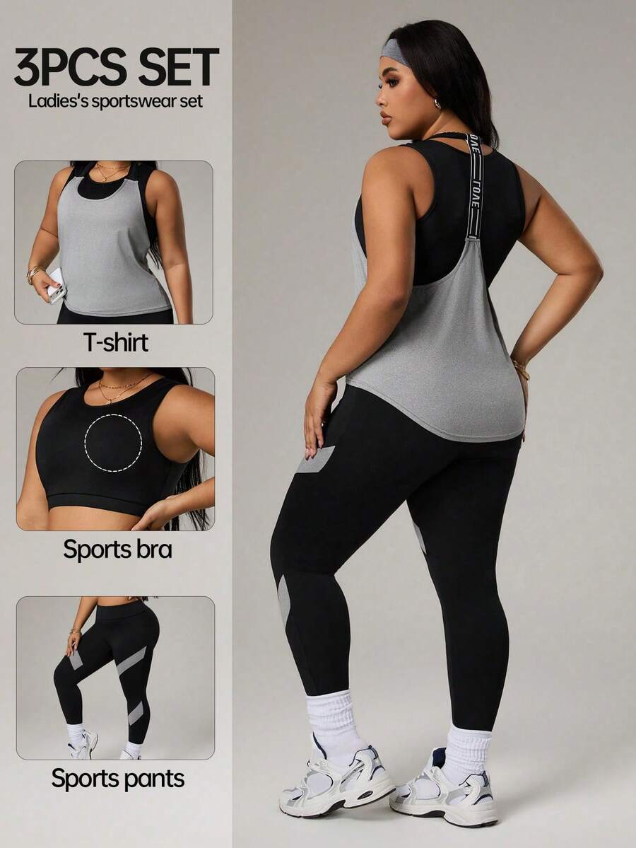 Rhythm Era Plus Size Women 3pcs Set: Solid Color Round Neck Tank Top + Letter Print Tank Top + Colorblock Leggings Sports Suit - Multicolor - View 1