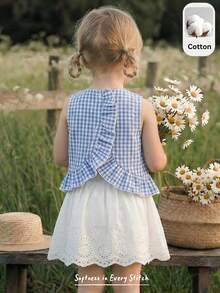 Cozy Pixies 女婴蓝白格子无袖荷叶领上衣和松紧腰半裙两件套 - 彩色 - 查看 4