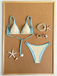 Swim Mod 2026 蓝色碎花可调节肩带露背+黄色格子高衩比基尼泳衣两件套，甜美可爱 - 彩色 - 查看 2