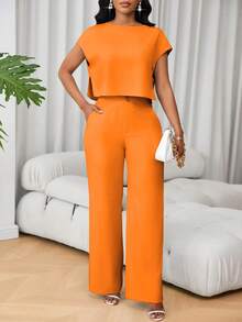 Lunelith SHEIN Lunessa French Style Round Neck Short Sleeve Versatile Top And High Waist Wide Leg Pants 2 Pieces Set For Women - Orange - View 7