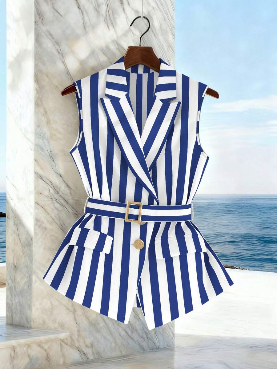 GlowEve Áo blazer không tay kẻ sọc dọc, cổ ve lật, cổ chữ V, thắt lưng khóa kim loại, hai túi giả, eo thắt, vạt xòe dành cho nữ. - Nhiều màu - Xem 1