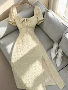 Elenzga New Elegant French Style Vacation Fashion Dress, Ball Jacquard Design, Backless Square Neck, Drawstring Waist, Slit, Puff Sleeve Mid-Length Dress, Versatile For Daily Wear And Dates - Light Yellow - View 1