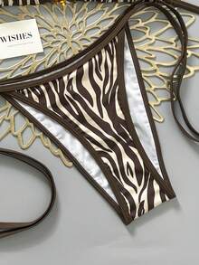 Swim Vcay 2026 Spring/Summer Brown Spaghetti Strap Halter Striped Triangle Cup Side High Cut Lace-Up Bikini Two Pieces Swimsuit For Women, Vacation - Multicolor - View 5