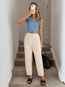 Easowa V领纽扣不对称下摆无袖衬衫，休闲度假优雅街头风女装，春夏复古富贵风 - 藍色 - 查看 7