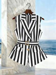 GlowEve Vertical Striped Sleeveless Blazer With Lapel, V-Neck, Metal Buckle Belt, Faux Pockets, Waist Cinched, Flared Hem For Women - Multicolor - View 1