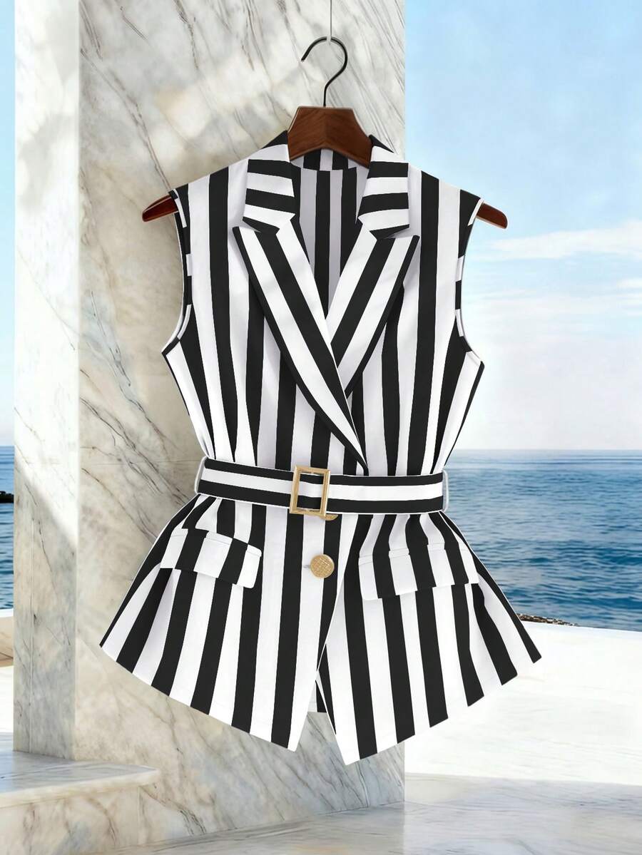 GlowEve Vertical Striped Sleeveless Blazer With Lapel, V-Neck, Metal Buckle Belt, Faux Pockets, Waist Cinched, Flared Hem For Women - Multicolor - View 1
