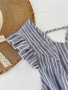 GlowEve CURVE Plus Size Women's Blue And White Linen Striped 2 Pieces Set,Cinched Waist Flutter Sleeve Blouse&Straight Leg Pants,Summer Vacation Smart Casual Co Ords - Blue and White - View 6