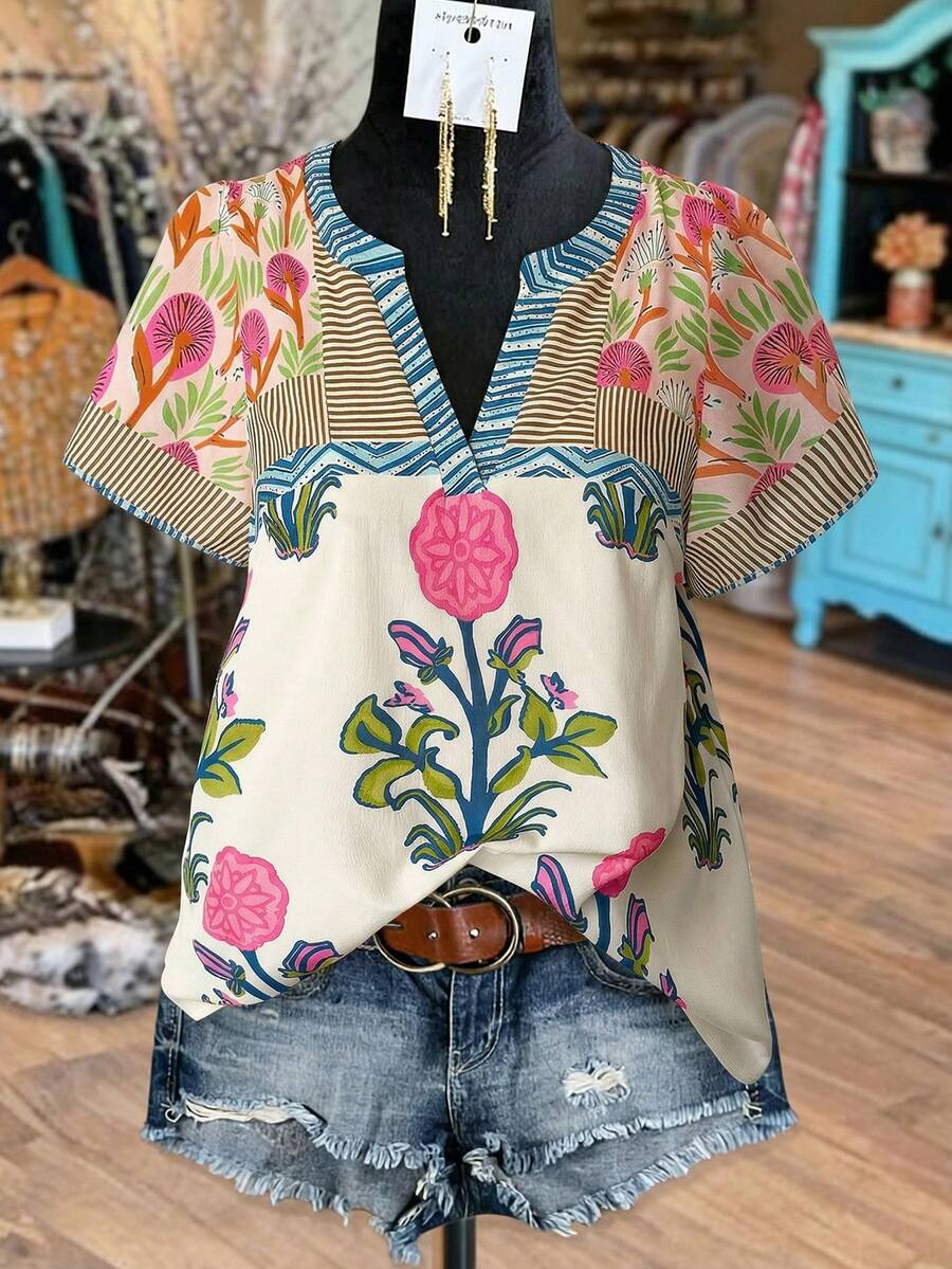 Linhara Blusa casual de mujer talla grande con estampado floral y de bloques de color, cuello en V y mangas cortas, estilo vintage elegante para ir al trabajo, vacaciones y uso diario en primavera/verano - Multicolor - Ver 1