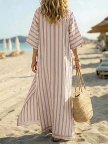 Balvessa 时尚宽松休闲印花V领条纹混纺面料女士度假旅行睡袍 - 彩色 - 查看 2