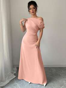 Elenzga Asymmetrical Shoulder + Ruched Waist Extra Long Dress - Baby Pink - View 5