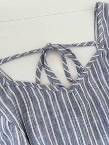 GlowEve CURVE Plus Size Women's Blue And White Linen Striped 2 Pieces Set,Cinched Waist Flutter Sleeve Blouse&Straight Leg Pants,Summer Vacation Smart Casual Co Ords - Blue and White - View 4