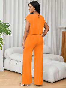 Lunelith SHEIN Lunessa French Style Round Neck Short Sleeve Versatile Top And High Waist Wide Leg Pants 2 Pieces Set For Women - Orange - View 2
