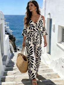 Balvessa Women's Vacation Style Printed Off-Shoulder Loose Jumpsuit - White - View 3