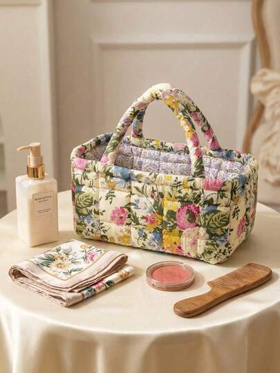 Cirelle Liten blommig förvaringsväska i tyg – quiltad korg för halsdukar, kosmetika och toalettartiklar, kompakt förvaringsväska för korta resor och dagligt bruk, charmig presentidé