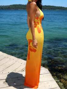 Zyxie Women's Ombre Mesh Digital Print Halter Maxi Dress - Multicolor - View 7