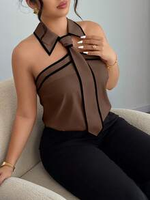 Easura Plus Size Women's Spring/Summer Sleeveless Black & White Contrast Tie Collar Elegant Commuter Shirt - Brown - View 5