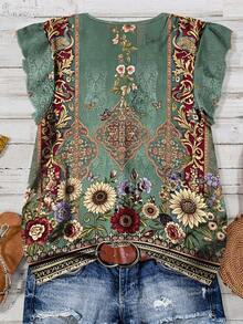 EMERY ROSE 大码女装日常休闲度假V领小飞袖假日风夏季优雅欧式复古碎花宽松衬衫女装夏季服装女装度假服装 - 綠色 - 查看 2