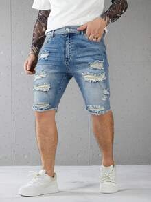 Manfinity LEGND Men's Casual Washed Distressed Denim Shorts - Blue - View 8