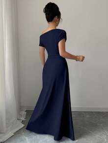 Elenzga Asymmetric Shoulder + Ruched Waist Extra Long Dress - Navy Blue - View 2