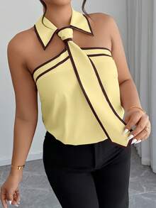 Easura 大码女式春夏无袖黑白撞色系带领优雅通勤衬衫 - 淡黃色 - 查看 6