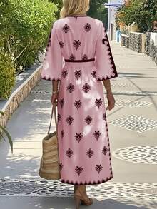 EMERY ROSE 休闲通勤优雅系带宽松中长连衣裙，时尚印花V领开衩长袍，新款女士度假长袍，女士长裙 - 彩色 - 查看 2