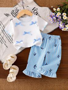 SHEIN Playful Pals 2件套女婴幼儿/新生儿0-3岁春夏可爱休闲条纹蝴蝶结针织短袖T恤和条纹蝴蝶结印花裤套装 - 藍色 - 查看 7