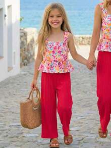 SHEIN 女童夏季休闲碎花荷叶边上衣和褶裥阔腿裤套装 - 彩色 - 查看 4