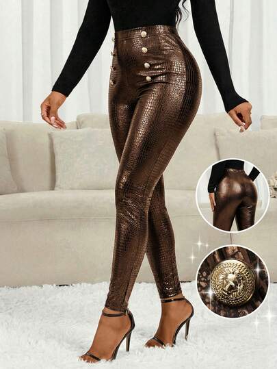 SHEIN Lady Women's Fashion Commuter Crocodile Embossed High Waist Leggings
