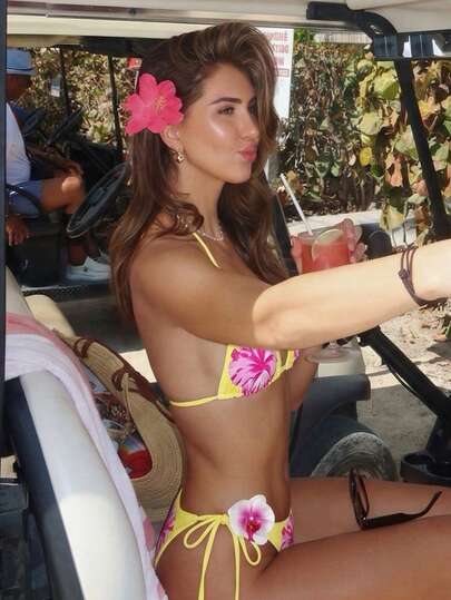 Swim Mod Women's Summer Beach Floral Print Halter Tie Casual Bikini And Triangle Panty Swimsuit Set