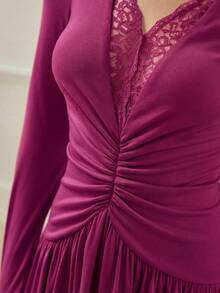 MOTF PREMIUM DEEP V-NECK LACE PATCHWORK CINCHED WAIST COMFORTABLE LONG SLEEVE DRESS FOR WOMEN, SPRING/SUMMER - Hot Pink - View 2