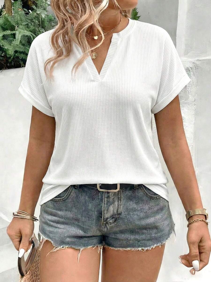 EMERY ROSE Áo thun ngắn tay cổ chữ V gân sọc thời trang nữ cỡ lớn mùa hè mới - trắng - Xem 1