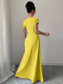 Elenzga Asymmetric Shoulder + Ruched Waist Dress - Mustard Yellow - View 2