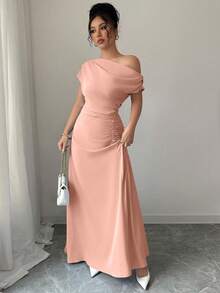 Elenzga Asymmetrical Shoulder + Ruched Waist Extra Long Dress - Baby Pink - View 4