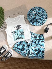 SHEIN 男童三件套夏季沙滩套装 | 男童夏威夷棕榈树印花白色无袖背心 + 热带棕榈短裤 + 配套遮阳帽 | 沙滩度假泳装罩衫 | 沙滩游戏服 | 4-7岁户外套装 | 家庭度假沙滩短裤和帽子套装，清凉夏季装扮 - 彩色 - 查看 3