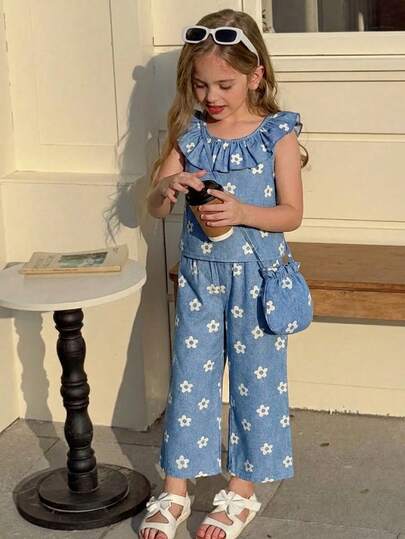 Elladie kids Set de 2 piezas: Vestido de niña pequeña con cuello de volantes y estampado floral en estilo coreano elegante y dulce + Pantalones rectos de mezclilla con estampado floral casual + Bolso infantil, Conjunto de moda princesa adecuado para fiesta de cumpleaños o vacaciones, Primavera/Verano