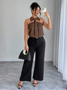 Easura Plus Size Women's Spring/Summer Sleeveless Black & White Contrast Tie Collar Elegant Commuter Shirt - Brown - View 3
