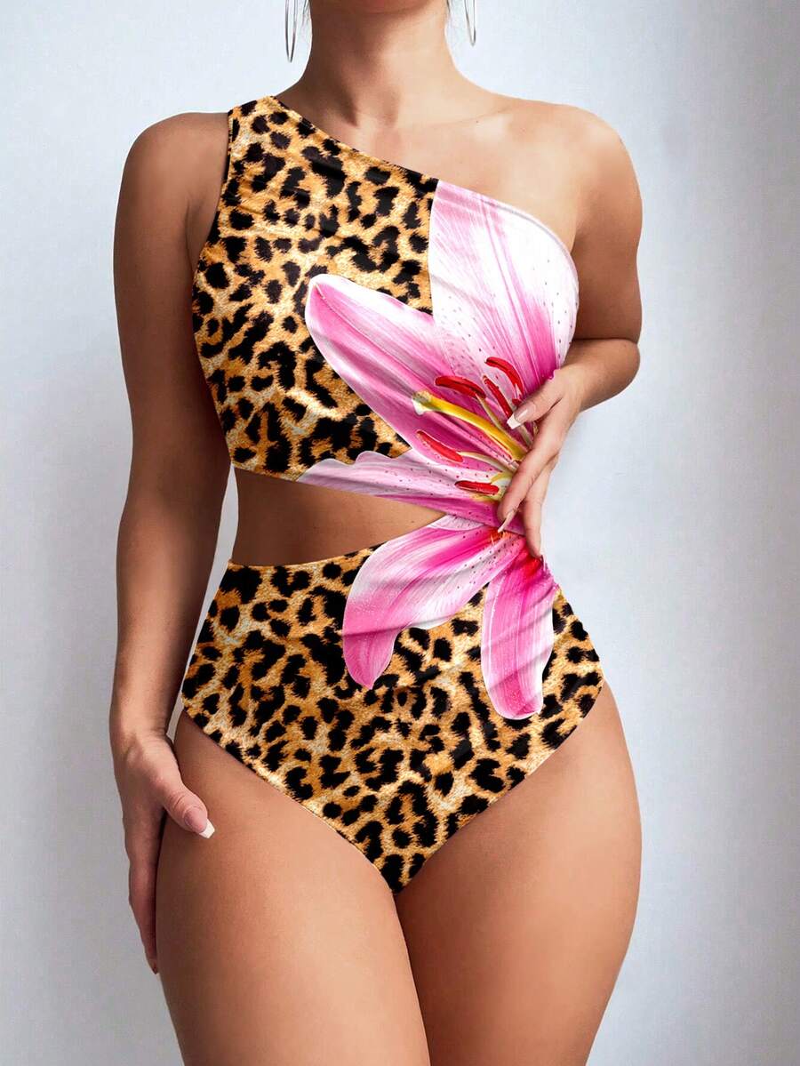 Swim Lushoire 女式连体泳衣，不对称单肩豹纹，无袖，休闲舒适沙滩泳装 - 彩色 - 查看 1