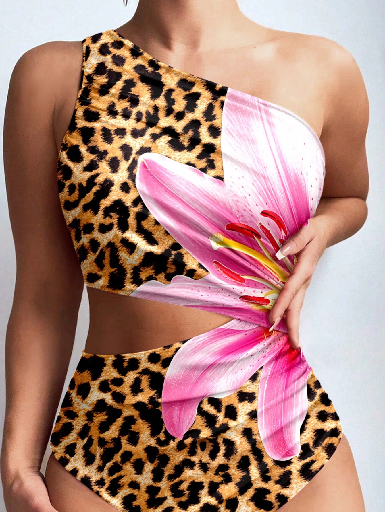 Swim Lushoire Maiô Feminino, Estampa de Leopardo Assimétrico de Ombro Único, Sem Mangas, Traje de Banho Casual e Confortável para a Praia - Multicolorido - Visão 3