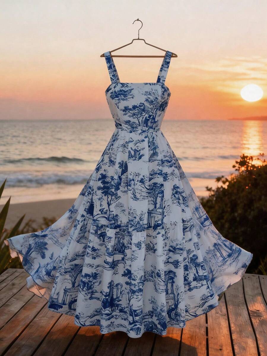 GlowEve 女士蓝白图案吊带露背蝴蝶结腰A字连衣裙，优雅迷人，适合度假、通勤、音乐节、约会、海滩、街头等场合，复古百搭，春夏皆宜。 - 彩色 - 查看 1