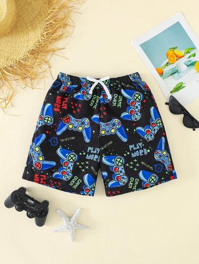 SHEIN Tween Boy Beach Vacation Game Controller Print Swim Trunks