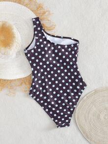 Bonvoyette Swim Chiccia 新款女士复古 Y2K 风优雅时尚永恒海滩度假风连体泳衣，藏蓝色底色搭配浅蓝色波点印花，单肩设计，腰部褶皱，高开衩腿部，贝壳扣装饰 - 收腹塑形 - 顺滑弹力速干面料 - 适合夏季海滩度假、泳池派对、音乐节、母亲节/婚礼、春假等场合穿着 - 棕色 - 查看 7