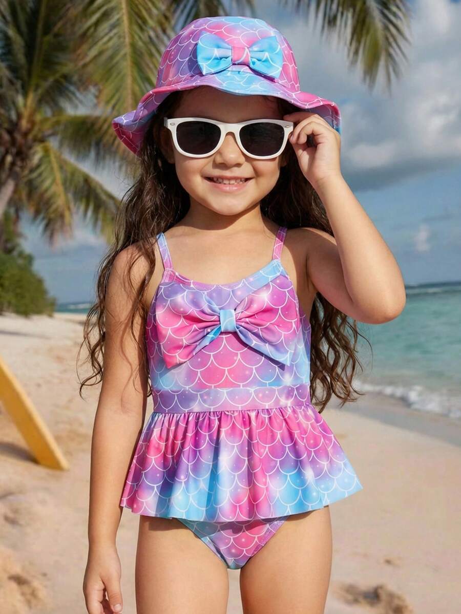 SHEIN Young Girls Mermaid Print Bow Cute Swimsuit, Sports, Beach, Vacation Swimming, Casual, Comes With Swim Cap - Multicolor - View 1