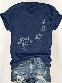 SHEIN Camiseta gráfica de manga corta y cuello redondo con estampado de tortuga para mujer - Azul Marino - Ver 3