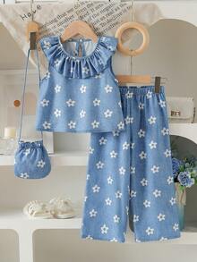 Elladie kids 2pcs/Set Young Girl Korean Style Elegant Sweet Floral Ruffle Collar Sleeveless Dress Top+Straight Pants+Bag,Summer Princess Fashion Outfit Gift - Blue - View 7
