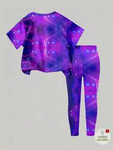 Bộ đồ đôi 2 món màu tím dễ thương cho bé gái, áo thun ngắn tay + quần legging bó sát, họa tiết thiên hà nhiều màu sắc, thích hợp cho mùa xuân/hè, độ tuổi 4-7. - Nhiều màu - Xem 3