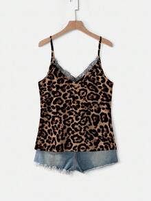 Mellowie Plus Size Women's V-Neck Lace Patchwork Spaghetti Strap Leopard Print Camisole, Elegant For Vacation, Date, Party, Summer - Brown - View 4